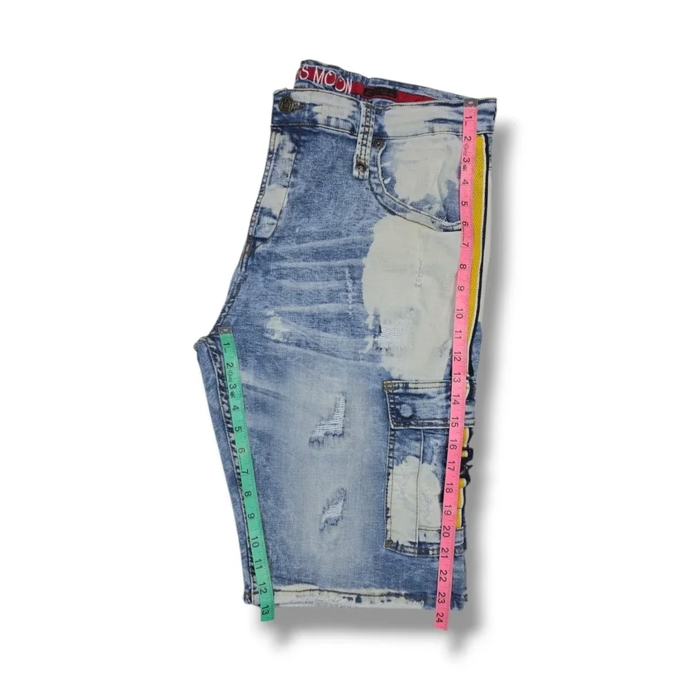 Smugglers Moon Distressed Dk Acid Wash Denim Cargo Shorts Lime Piping Men's 42
